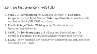 Zentrale Instrumente in #eSTUDI
1. #eSTUDI-Seminarblog mit Modulen unterteilt in Episoden,
Aufgaben zu den Modulen und Tutoring-Bereich mit wöchentlich
erscheinender #eSTUDI-Rundschau
2. Persönlich geführter Weblog jedes Studierenden zur
Reﬂexion des Gelernten
3. #eSTUDI-Seminargruppe auf UBlogs mit Seminarforum für
schnelles Feedback bei grundsätzlichen Fragen zum Seminar
4. Stud.IP dient lediglich der Teilnehmerverwaltung und ggf. zentralen
Ansprache per E-Mail
 