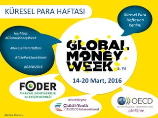 Küresel Para
Haftasına
Katılın!
Hashtag;
#GlobalMoneyWeek
14-20 Mart, 2016
5. Yıl
KÜRESEL PARA HAFTASI
İşbirliği ile
destekleyen
#TakePartSaveSmart
#KüreselParaHaftası
#GMW2016
Melisa Mumcu
 