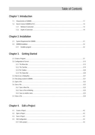 Table of Contents
Chapter 1. Introduction
1.1. Characteristics of GMWIN .............................................................................................................................................1-10
1.2. How to Connect GMWIN to PLC....................................................................................................................................1-40
1.2.1. Method of Connection .......................................................................................................................................1-40
1.2.2. Depth of Connection..........................................................................................................................................1-90
Chapter 2. Installation
2.1. System Requirement for GMWIN ..................................................................................................................................2-10
2.2. GMWIN Installation........................................................................................................................................................2-20
2.2.1. Installine program..............................................................................................................................................2-20
Chapter 3. Getting Started
3.1. Create a Program..............................................................................................................................................................3-10
3.2. Configuration of Screen.....................................................................................................................................................3-13
3.2.1. The Menu Bar .......................................................................................................................................................3-13
3.2.2. The Tool Bar .........................................................................................................................................................3-19
3.2.3.The Toolbox...........................................................................................................................................................3-20
3.2.4. The Status Bar......................................................................................................................................................3-20
3.3. How to use a Dialog Box...................................................................................................................................................3-21
3.4. Files being created in GMWIN ..........................................................................................................................................3-21
3.5. Open a File........................................................................................................................................................................3-22
3.6. Save a File ........................................................................................................................................................................3-23
3.6.1. Save a New File....................................................................................................................................................3-23
3.6.2. Save a File on Working.........................................................................................................................................3-23
3.6.3. Save as another name..........................................................................................................................................3-23
3.7. Close a File .......................................................................................................................................................................3-24
Chapter 4. Edit a Project
4.1. Create a Project.............................................................................................................................................................4-20
4.2. Open a Project...............................................................................................................................................................4-30
4.3. Save a Project................................................................................................................................................................4-30
4.4. Edit Configuration ..........................................................................................................................................................4-40
4.4.1. Edit a project.........................................................................................................................................................4-40
 