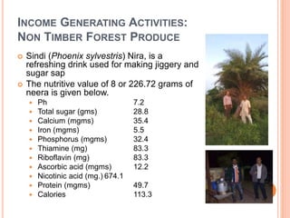 INCOME GENERATING ACTIVITIES:
NON TIMBER FOREST PRODUCE
 Sindi (Phoenix sylvestris) Nira, is a
refreshing drink used for making jiggery and
sugar sap
 The nutritive value of 8 or 226.72 grams of
neera is given below.
 Ph 7.2
 Total sugar (gms) 28.8
 Calcium (mgms) 35.4
 Iron (mgms) 5.5
 Phosphorus (mgms) 32.4
 Thiamine (mg) 83.3
 Riboflavin (mg) 83.3
 Ascorbic acid (mgms) 12.2
 Nicotinic acid (mg.) 674.1
 Protein (mgms) 49.7
 Calories 113.3
 