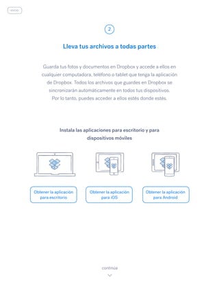Guarda tus fotos y documentos en Dropbox y accede a ellos en
cualquier computadora, teléfono o tablet que tenga la aplicación
de Dropbox. Todos los archivos que guardes en Dropbox se
sincronizarán automáticamente en todos tus dispositivos.
Por lo tanto, puedes acceder a ellos estés donde estés.
Lleva tus archivos a todas partes
2
Obtener la aplicación
para escritorio
Obtener la aplicación
para iOS
Obtener la aplicación
para Android
continúa
Instala las aplicaciones para escritorio y para
dispositivos móviles
inicio
 