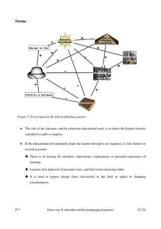 Forces




 Figure 7: Force map for the Soft Scaffolding pattern


      The role of the educator, and by extension educational tools, is to direct the learner towards
      a productive path or enquiry.

      If the educational tool adamantly leads the learner through a set sequence, it risks failure on
      several accounts:

          There is no leeway for mistakes, innovations, explorations or personal trajectories of
          learning.

          Learners feel deprived of personal voice, and their motivation may falter.

          It is hard to bypass design flaws discovered in the field or adjust to changing
          circumstances.




P-7                       Guess my X and other techno-pedagogical patterns                    21/ 24
 