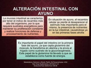 ALTERACIÓN INTESTINAL CON
AYUNO
Metabolismo, Nutricion y Shock. Patiño. Ed Panamericana. 4 Ed
Nutr Hosp Suplementos. 2013;6(1):1-9
Endocrinol Nutr 2004;51(4):139-48
La mucosa intestinal se caracteriza
por tener el índice de recambio más
alto del organismo, por lo que
requiere sustratos energéticos para
mantener su proliferación constante
y realizar funciones de defensa y
procesamiento de nutrientes.
En situación de ayuno, el recambio
celular se pierde al desaparecer el
estímulo más importante para el
mismo, la presencia de nutrientes
en la luz intestinal, causándose ya
en las primeras fases atrofia
Es importante el papel del intestino en la primera
fase del ayuno, ya que capta glutamina del
músculo, la transforma en alanina y la envía al
hígado como sustrato de la gluconeogénesis.
Este papel de la glutamina ha llevado a que se
establezca como fuente de energía.
 