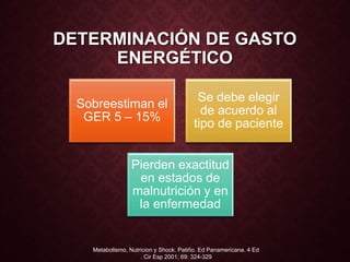 DETERMINACIÓN DE GASTO
ENERGÉTICO
Sobreestiman el
GER 5 – 15%
Se debe elegir
de acuerdo al
tipo de paciente
Pierden exactitud
en estados de
malnutrición y en
la enfermedad
Metabolismo, Nutricion y Shock. Patiño. Ed Panamericana. 4 Ed
. Cir Esp 2001; 69: 324-329
 