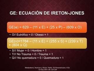 GE: ECUACIÓN DE IRETON-JONES
GE(e) = 629 – (11 x E) + (25 x P) – (609 x O)
• O// Eutrófico = 0 / Obeso = 1
GE(v)=1784 – (11 x E) + (255 x S) + (239 x T)
+ (804 x Q)
• S/// Mujer = 0 / Hombre = 1
• T/// No Trauma = 0 / Trauma = 1
• Q/// No quemadura = 0 / Quemadura = 1
Metabolismo, Nutricion y Shock. Patiño. Ed Panamericana. 4 Ed
. Cir Esp 2001; 69: 324-329
 