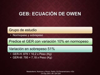 GEB: ECUACIÓN DE OWEN
Grupo de estudio
• Normopeso y sobrepeso
Predice el GER con variación 10% en normopeso
Variación en sobrepeso 51%
• GER-H: 879 + 10,2 x Peso (Kg)
• GER-M: 795 + 7,18 x Peso (Kg)
Metabolismo, Nutricion y Shock. Patiño. Ed Panamericana. 4 Ed
. Cir Esp 2001; 69: 324-329
 