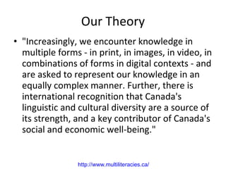 Our Theory "Increasingly, we encounter knowledge in multiple forms - in print, in images, in video, in combinations of forms in digital contexts - and are asked to represent our knowledge in an equally complex manner. Further, there is international recognition that Canada's linguistic and cultural diversity are a source of its strength, and a key contributor of Canada's social and economic well-being."  http://www. multiliteracies .ca/   