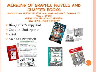 MERGING OF GRAPHIC NOVELS AND
        CHAPTER BOOKS
 BOOKS THAT USE BOTH TEXT AND GRAPHIC NOVEL FORMAT TO
                      TELL A STORY
             GREAT FOR RELUCTANT READERS
                LOW LEVEL-HIGH INTEREST
 Diary of a Wimpy Kid
 Captain Underpants

 Stink

 Amelia’s Notebook
 