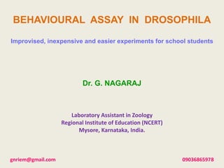 BEHAVIOURAL ASSAY IN DROSOPHILA
Improvised, inexpensive and easier experiments for school students
Dr. G. NAGARAJ
Laboratory Assistant in Zoology
Regional Institute of Education (NCERT)
Mysore, Karnataka, India.
gnriem@gmail.com 09036865978
 