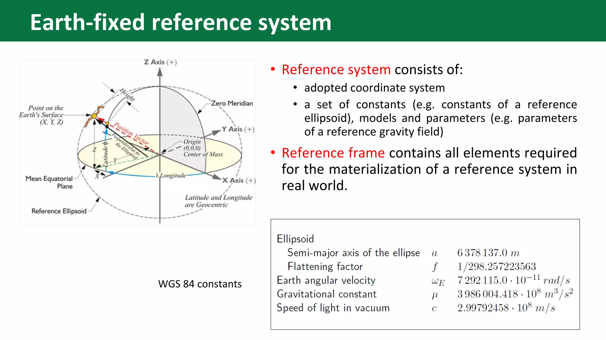 • Reference system consists of:
• adopted coordinate system
• a set of constants (e.g. constants of a reference
ellipsoid), models and parameters (e.g. parameters
of a reference gravity field)
• Reference frame contains all elements required
for the materialization of a reference system in
real world.
WGS 84 constants
Earth-fixed reference system
 