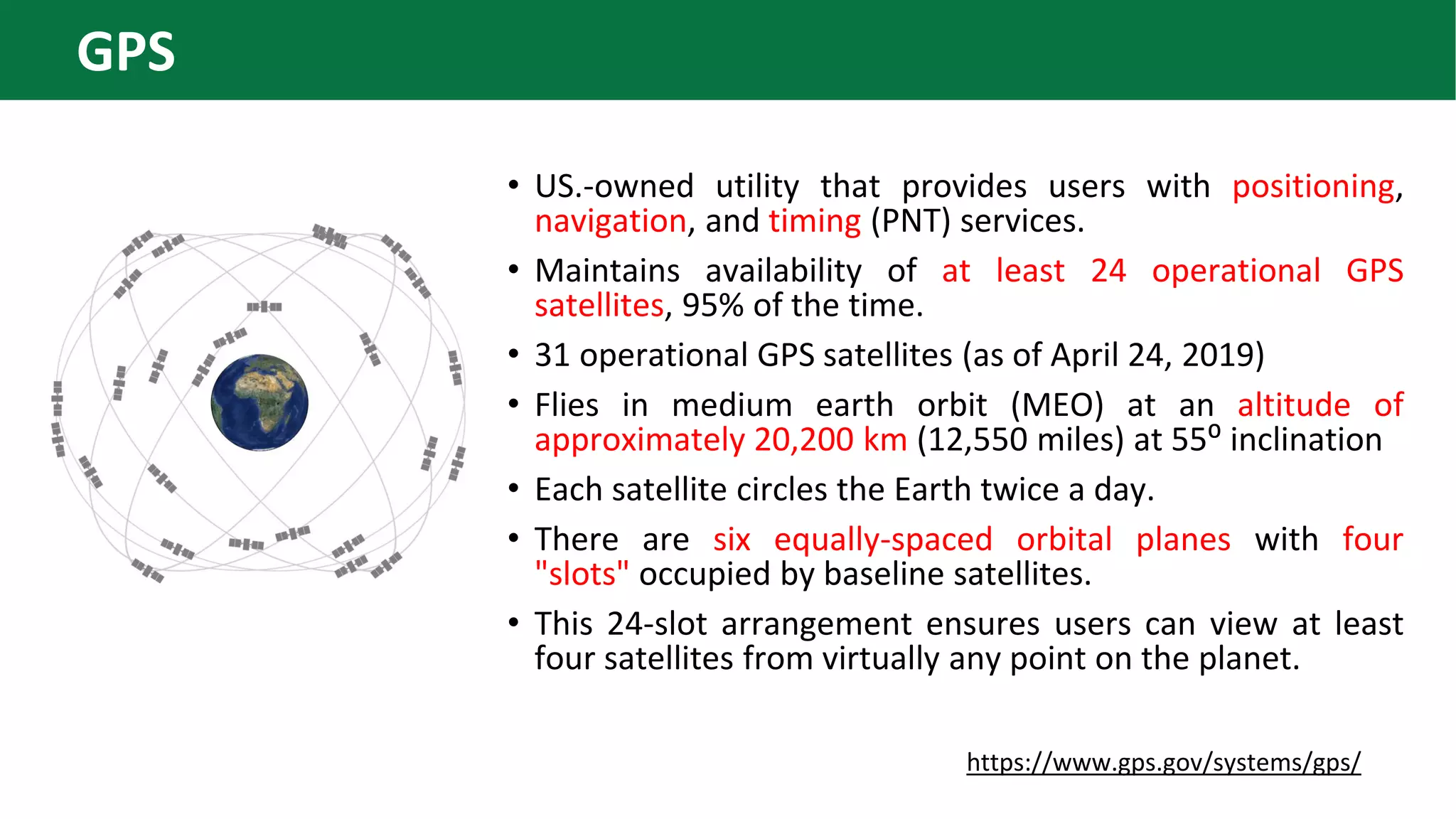 • US.-owned utility that provides users with positioning,
navigation, and timing (PNT) services.
• Maintains availability of at least 24 operational GPS
satellites, 95% of the time.
• 31 operational GPS satellites (as of April 24, 2019)
• Flies in medium earth orbit (MEO) at an altitude of
approximately 20,200 km (12,550 miles) at 55⁰ inclination
• Each satellite circles the Earth twice a day.
• There are six equally-spaced orbital planes with four
"slots" occupied by baseline satellites.
• This 24-slot arrangement ensures users can view at least
four satellites from virtually any point on the planet.
https://www.gps.gov/systems/gps/
GPS
 