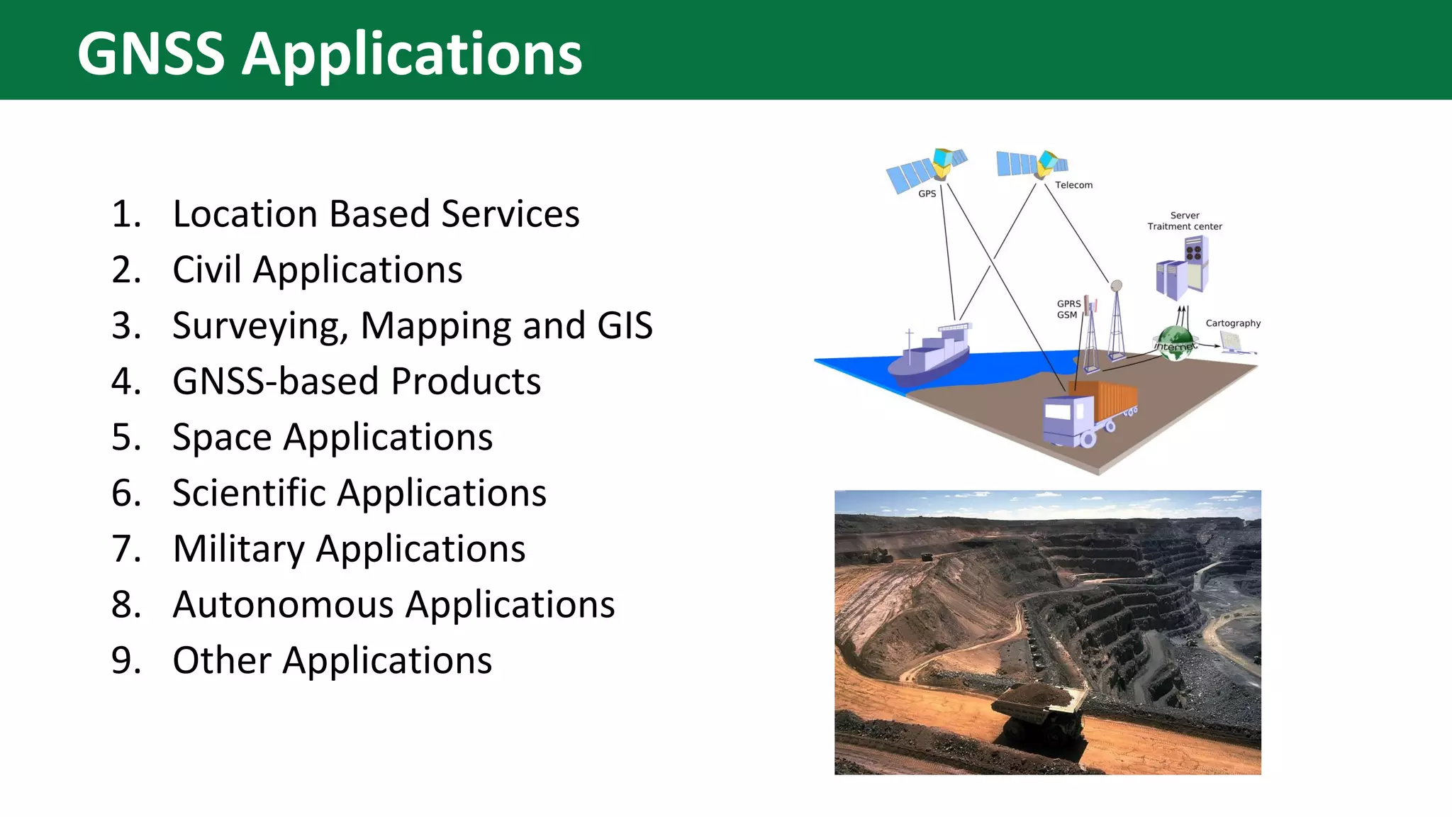 1. Location Based Services
2. Civil Applications
3. Surveying, Mapping and GIS
4. GNSS-based Products
5. Space Applications
6. Scientific Applications
7. Military Applications
8. Autonomous Applications
9. Other Applications
GNSS Applications
 