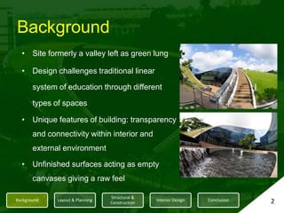 BackgroundSite formerly a valley left as green lungDesign challenges traditional linear system of education through different types of spacesUnique features of building: transparency and connectivity within interior and external environmentUnfinished surfaces acting as empty canvases giving a raw feel2