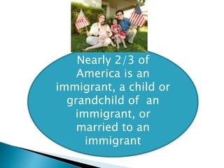 Nearly 2/3 of 
America is an 
immigrant, a child or 
grandchild of an 
immigrant, or 
married to an 
immigrant 
 