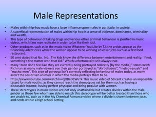 Male Representations 
• Males within hip-hop music have a large influence upon males in particular in society. 
• A superficial representation of males within hip-hop is a sense of violence, dominance, criminality 
and wealth. 
• This type of behaviour of taking drugs and various other criminal behaviour is glorified in music 
videos, which fans may replicate in order to be like their idol. 
• Other producers such as in the music video Whatever You Like by T.I, the artists appear as the 
financially adept ones while the women appear to be working at lesser jobs such as a fast food 
restaurant. 
• 50 cent stated that No. No. The kids know the difference between entertainment and reality. If not, 
something’s the matter with that kid.” Which unfortunately isn’t always true. 
• Many “Men don’t feel like they are currently being portrayed correctly [by the media],” states Keith 
Richman as many male viewers see their gender portrayed as “skirt-chasers”, “metro-sexuals” and 
“macho-men”. This type of portrayal isn’t correctly reflecting behaviour of males today, as many 
aren’t the sex driven animals in which the media portrays them to be. 
• https://www.youtube.com/watch?v=CjXBaDCWuTk This music video of 50 cent creates an impossible 
target for male youths, as they cannot reach the stereotypes set for them such as having a 
disposable income, having perfect physique and being popular with women. 
• These stereotypes in music videos are not only unattainable but creates divides within the male 
gender as those few whom are able to match this stereotype will be better treated than those who 
are unable to, such as in the My Chemical Romance video where a divide is shown between jocks 
and nerds within a high school setting. 
 