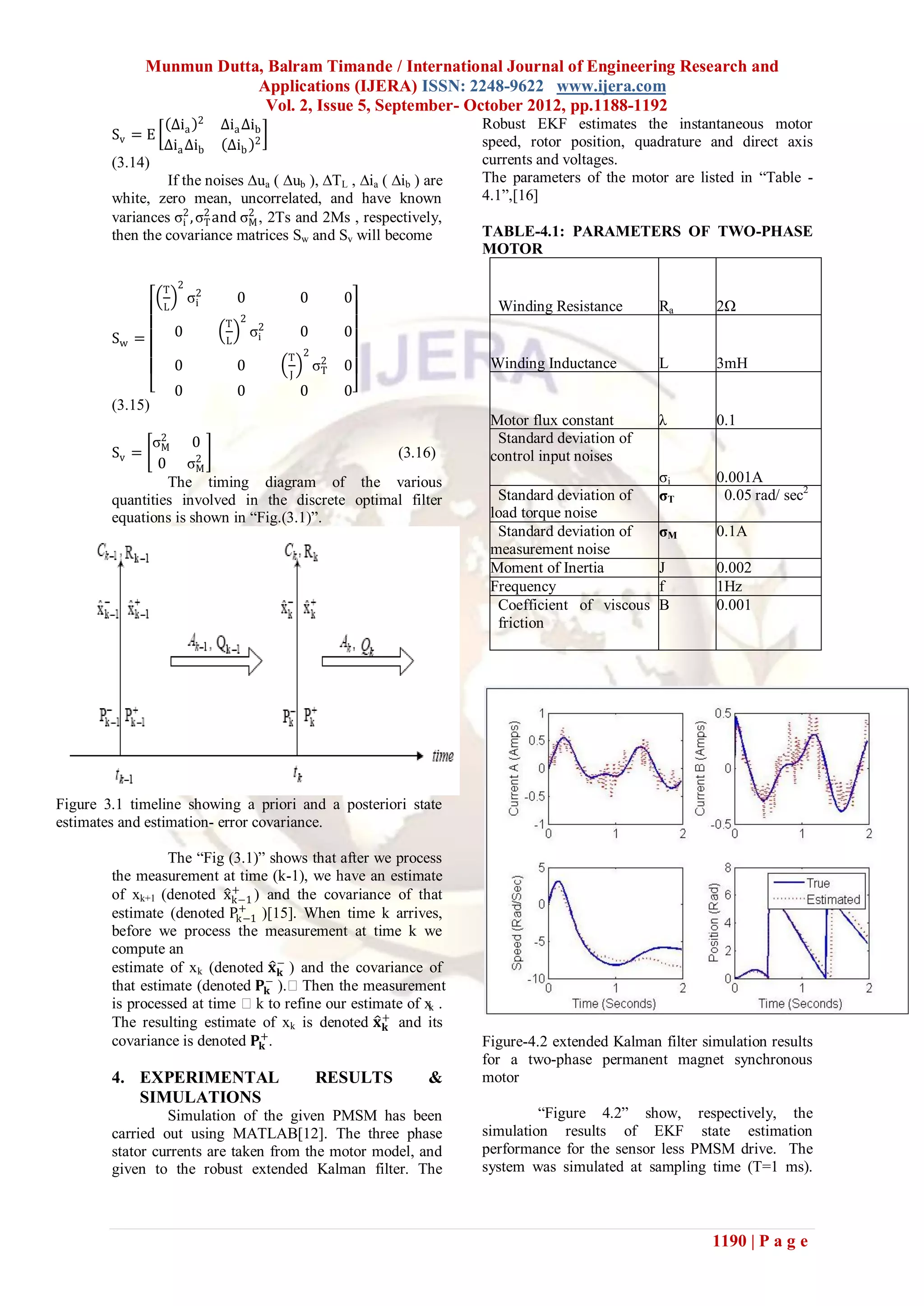 Munmun Dutta, Balram Timande / International Journal of Engineering Research and
                           Applications (IJERA) ISSN: 2248-9622 www.ijera.com
                            Vol. 2, Issue 5, September- October 2012, pp.1188-1192
                   ∆ia 2       ∆ia ∆ib                              Robust EKF estimates the instantaneous motor
        Sv = E                                                      speed, rotor position, quadrature and direct axis
                  ∆ia ∆ib       ∆ib 2
        (3.14)                                                      currents and voltages.
                 If the noises ∆ua ( ∆ub ), ∆TL , ∆ia ( ∆ib ) are   The parameters of the motor are listed in “Table -
        white, zero mean, uncorrelated, and have known              4.1”,[16]
        variances σ2 , σ2 and σ2 , 2Ts and 2Ms , respectively,
                    i   T      M
        then the covariance matrices Sw and Sv will become          TABLE-4.1: PARAMETERS OF TWO-PHASE
                                                                    MOTOR

                  T 2
                          σ2       0            0        0
                  L        i                                          Winding Resistance       Ra       2Ω
                               T 2
        Sw =          0                σ2
                                        i       0        0
                               L
                                            T 2
                      0            0        J
                                                    σ2
                                                     T   0           Winding Inductance        L        3mH
                      0            0            0        0
        (3.15)
                                                                     Motor flux constant       λ        0.1
                 σ2
                  M  0                                                Standard deviation of
        Sv =                                      (3.16)             control input noises
                 0  σ2M
                 The timing diagram of the various                                             σi       0.001A
        quantities involved in the discrete optimal filter            Standard deviation of    σT        0.05 rad/ sec2
        equations is shown in “Fig.(3.1)”.                           load torque noise
                                                                      Standard deviation of    σM       0.1A
                                                                     measurement noise
                                                                     Moment of Inertia         J        0.002
                                                                     Frequency                 f        1Hz
                                                                      Coefficient of viscous   B        0.001
                                                                      friction




Figure 3.1 timeline showing a priori and a posteriori state
estimates and estimation- error covariance.

                 The “Fig (3.1)” shows that after we process
        the measurement at time (k-1), we have an estimate
                           +
        of xk+1 (denoted xk−1 ) and the covariance of that
                             +
        estimate (denoted Pk−1 )[15]. When time k arrives,
        before we process the measurement at time k we
        compute an
        estimate of xk (denoted 𝐱 − ) and the covariance of
                                    𝐤
        that estimate (denoted 𝐏 − ).Then the measurement
                                  𝐤
        is processed at time k to refine our estimate of x .
                                                           k
        The resulting estimate of xk is denoted 𝐱 + and its
                                                   𝐤
        covariance is denoted 𝐏 +.
                                𝐤                                   Figure-4.2 extended Kalman filter simulation results
                                                                    for a two-phase permanent magnet synchronous
        4. EXPERIMENTAL                             RESULTS   &     motor
           SIMULATIONS
                 Simulation of the given PMSM has been                       “Figure 4.2” show, respectively, the
        carried out using MATLAB[12]. The three phase               simulation results of EKF state estimation
        stator currents are taken from the motor model, and         performance for the sensor less PMSM drive. The
        given to the robust extended Kalman filter. The             system was simulated at sampling time (T=1 ms).



                                                                                                        1190 | P a g e
 