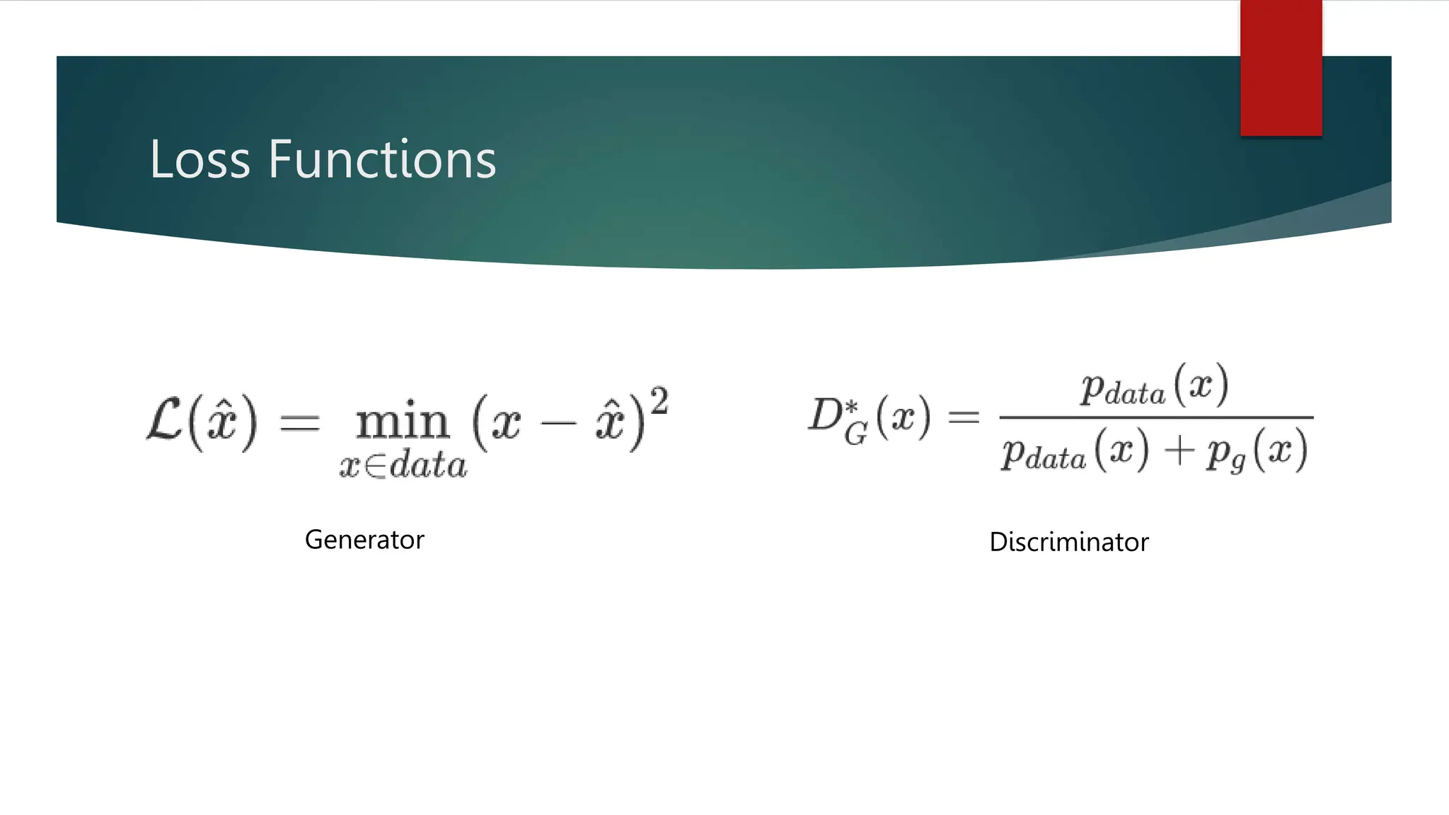 Generator Discriminator
Loss Functions
 