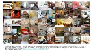 Generated bedrooms. Source: “Unsupervised Representation Learning with Deep Convolutional Generative
Adversarial Networks” https://arxiv.org/abs/1511.06434v2
 