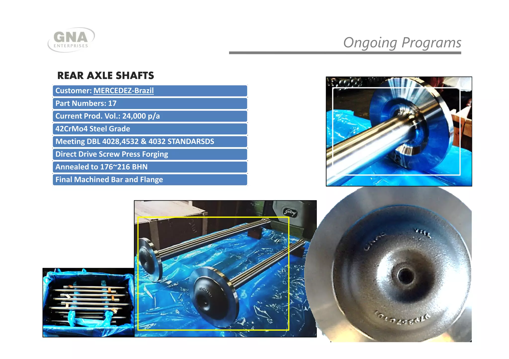 Customer: MERCEDEZ-Brazil
Part Numbers: 17
Current Prod. Vol.: 24,000 p/a
42CrMo4 Steel Grade
Meeting DBL 4028,4532 & 4032 STANDARSDS
Direct Drive Screw Press Forging
Annealed to 176~216 BHN
Final Machined Bar and Flange
REAR AXLE SHAFTSREAR AXLE SHAFTS
Ongoing Programs
Final Machined Bar and Flange
 