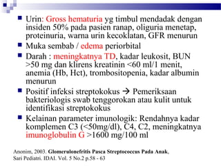  Urin: Gross hematuria yg timbul mendadak dengan
insiden 50% pada pasien ranap, oliguria menetap,
proteinuria, warna urin kecoklatan, GFR menurun
 Muka sembab / edema periorbital
 Darah : meningkatnya TD, kadar leukosit, BUN
>50 mg dan klirens kreatinin <60 ml/1 menit,
anemia (Hb, Hct), trombositopenia, kadar albumin
menurun
 Positif infeksi streptokokus  Pemeriksaan
bakteriologis swab tenggorokan atau kulit untuk
identifikasi streptokokus
 Kelainan parameter imunologik: Rendahnya kadar
komplemen C3 (<50mg/dl), C4, C2, meningkatnya
imunoglobulin G >1600 mg/100 ml
Anonim, 2003. Glomerulonefritis Pasca Streptococcus Pada Anak,
Sari Pediatri. IDAI. Vol. 5 No.2 p.58 - 63
 
