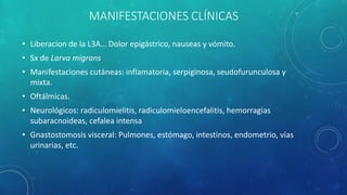 MANIFESTACIONES CLÍNICAS
• Liberacion de la L3A… Dolor epigástrico, nauseas y vómito.
• Sx de Larva migrans
• Manifestaciones cutáneas: inflamatoria, serpiginosa, seudofurunculosa y
mixta.
• Oftálmicas.
• Neurológicos: radiculomielitis, radiculomieloencefalitis, hemorragias
subaracnoideas, cefalea intensa
• Gnastostomosis visceral: Pulmones, estómago, intestinos, endometrio, vías
urinarias, etc.
 