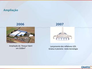 Ampliação do Parque Fabril
em 3100m²

Lançamento dos refletores LED.
Gnatus é pioneira nesta tecnologia

 
