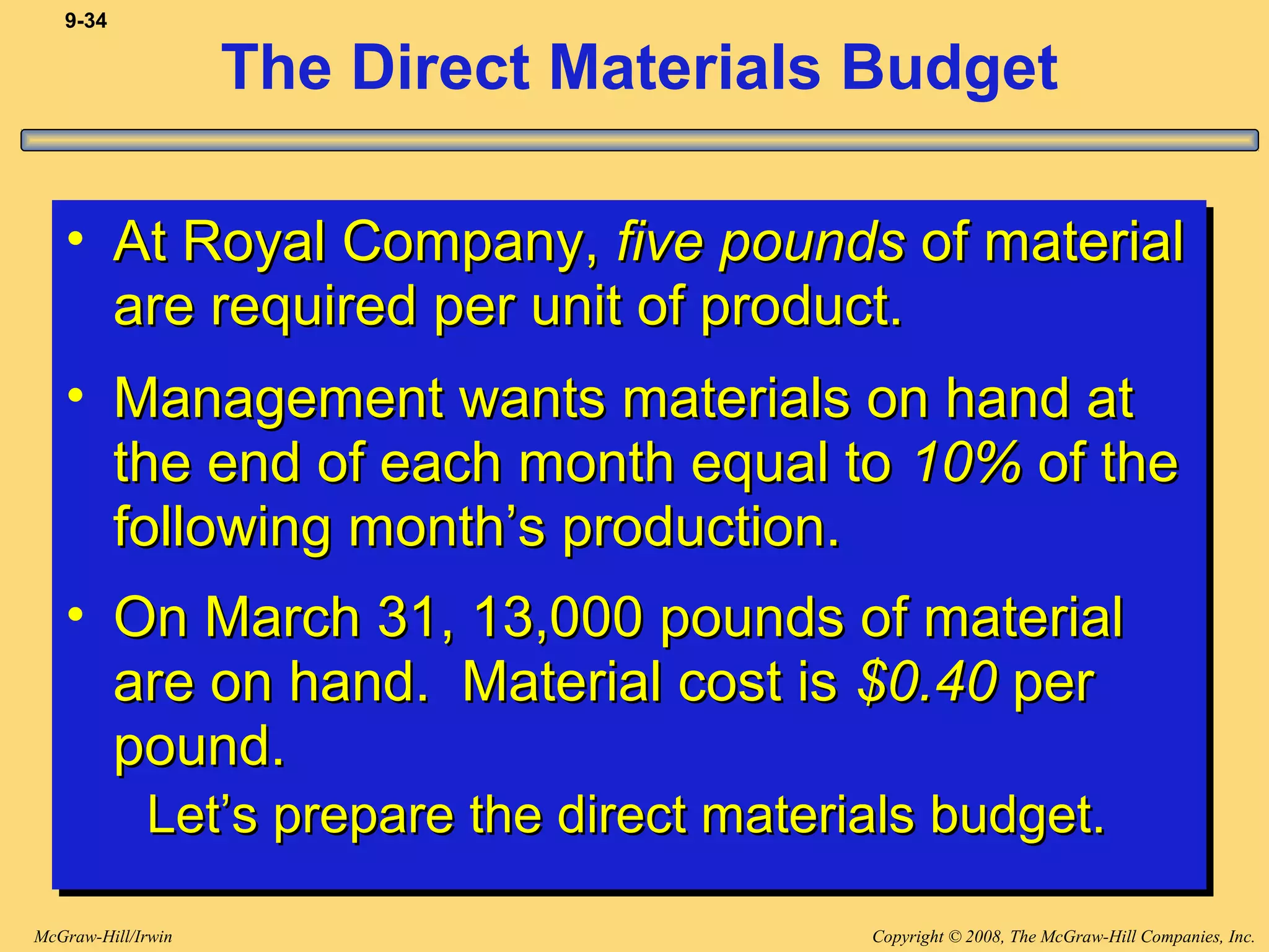 Copyright © 2008, The McGraw-Hill Companies, Inc.McGraw-Hill/Irwin
9-34
The Direct Materials Budget
• At Royal Company,At Royal Company, five poundsfive pounds of materialof material
are required per unit of product.are required per unit of product.
• Management wants materials on hand atManagement wants materials on hand at
the end of each month equal tothe end of each month equal to 10%10% of theof the
following month’s production.following month’s production.
• On March 31, 13,000 pounds of materialOn March 31, 13,000 pounds of material
are on hand. Material cost isare on hand. Material cost is $0.40$0.40 perper
pound.pound.
Let’s prepare the direct materials budget.Let’s prepare the direct materials budget.
• At Royal Company,At Royal Company, five poundsfive pounds of materialof material
are required per unit of product.are required per unit of product.
• Management wants materials on hand atManagement wants materials on hand at
the end of each month equal tothe end of each month equal to 10%10% of theof the
following month’s production.following month’s production.
• On March 31, 13,000 pounds of materialOn March 31, 13,000 pounds of material
are on hand. Material cost isare on hand. Material cost is $0.40$0.40 perper
pound.pound.
Let’s prepare the direct materials budget.Let’s prepare the direct materials budget.
 