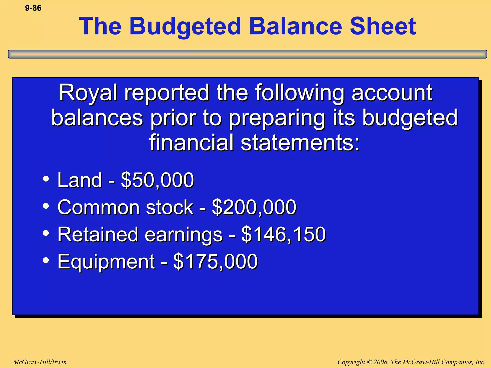 Copyright © 2008, The McGraw-Hill Companies, Inc.McGraw-Hill/Irwin
9-86
The Budgeted Balance Sheet
Royal reported the following accountRoyal reported the following account
balances prior to preparing its budgetedbalances prior to preparing its budgeted
financial statements:financial statements:
• Land - $50,000Land - $50,000
• Common stock - $200,000Common stock - $200,000
• Retained earnings - $146,150Retained earnings - $146,150
• Equipment - $175,000Equipment - $175,000
Royal reported the following accountRoyal reported the following account
balances prior to preparing its budgetedbalances prior to preparing its budgeted
financial statements:financial statements:
• Land - $50,000Land - $50,000
• Common stock - $200,000Common stock - $200,000
• Retained earnings - $146,150Retained earnings - $146,150
• Equipment - $175,000Equipment - $175,000
 