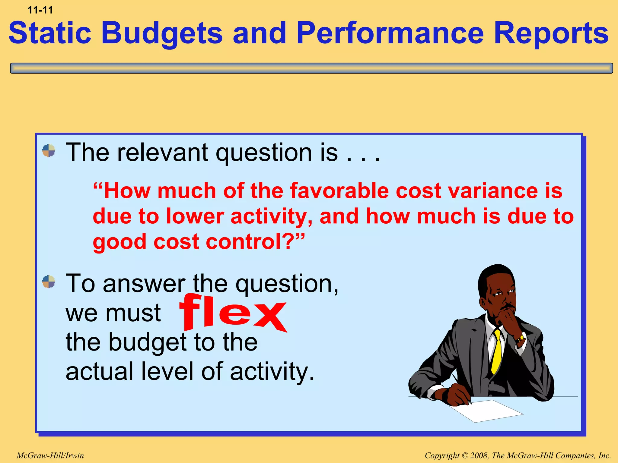 Copyright © 2008, The McGraw-Hill Companies, Inc.McGraw-Hill/Irwin
11-11
The relevant question is . . .
“How much of the favorable cost variance is
due to lower activity, and how much is due to
good cost control?”
To answer the question,
we must
the budget to the
actual level of activity.
The relevant question is . . .
“How much of the favorable cost variance is
due to lower activity, and how much is due to
good cost control?”
To answer the question,
we must
the budget to the
actual level of activity.
Static Budgets and Performance Reports
 