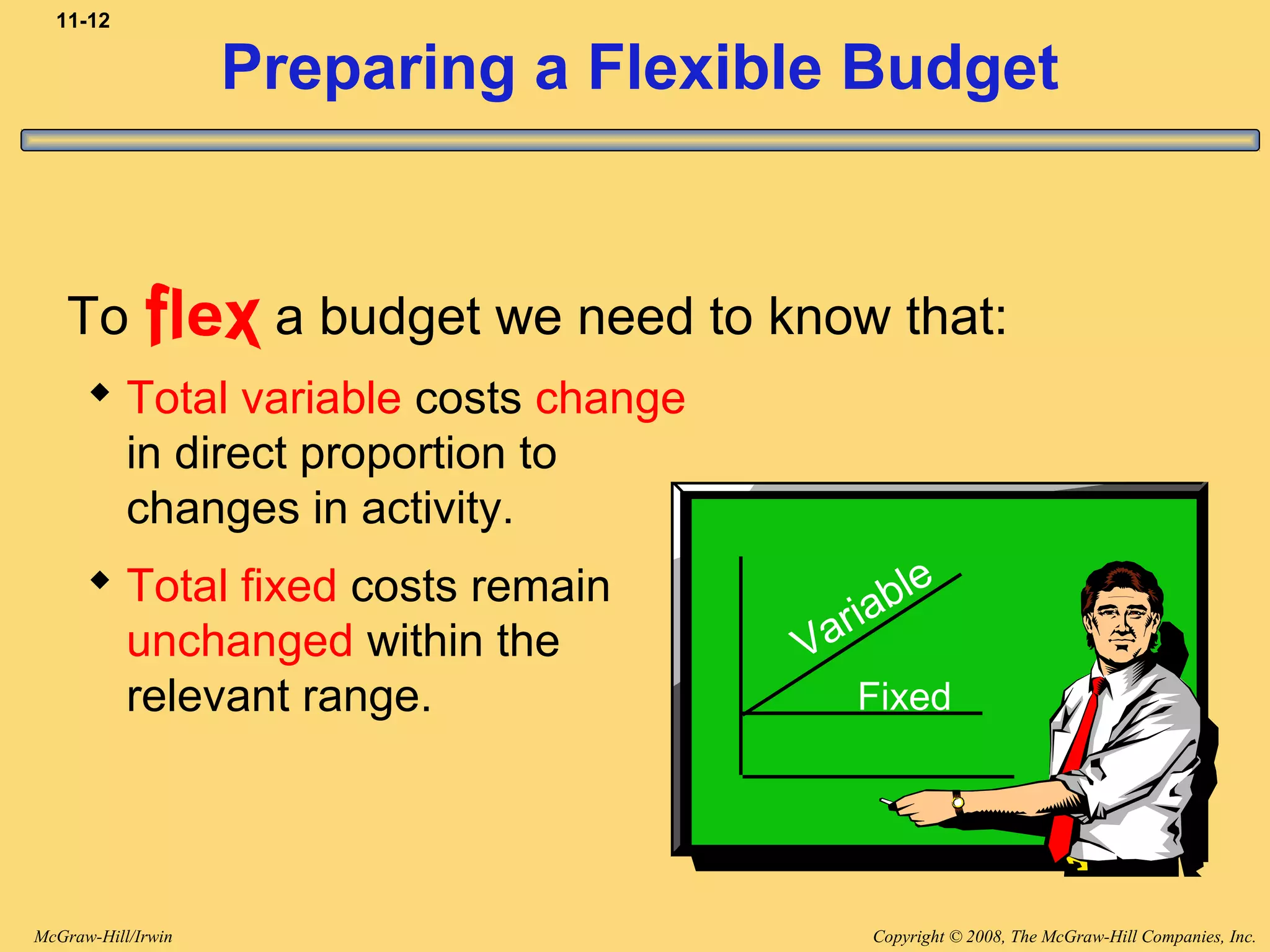 Copyright © 2008, The McGraw-Hill Companies, Inc.McGraw-Hill/Irwin
11-12
Preparing a Flexible Budget
To a budget we need to know that:
 Total variable costs change
in direct proportion to
changes in activity.
 Total fixed costs remain
unchanged within the
relevant range. Fixed
Variable
 