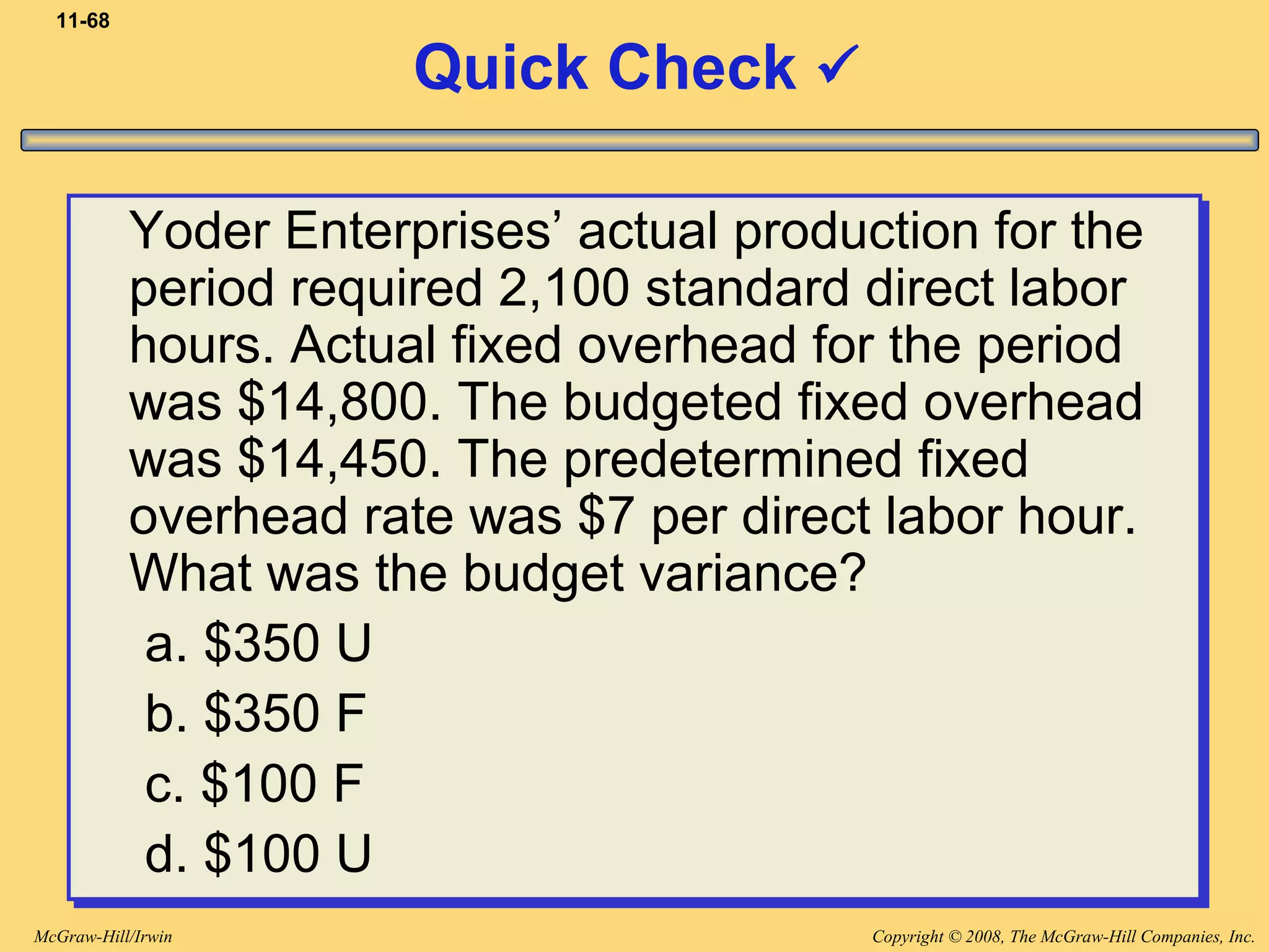 Copyright © 2008, The McGraw-Hill Companies, Inc.McGraw-Hill/Irwin
11-68
Quick Check 
Yoder Enterprises’ actual production for the
period required 2,100 standard direct labor
hours. Actual fixed overhead for the period
was $14,800. The budgeted fixed overhead
was $14,450. The predetermined fixed
overhead rate was $7 per direct labor hour.
What was the budget variance?
a. $350 U
b. $350 F
c. $100 F
d. $100 U
Yoder Enterprises’ actual production for the
period required 2,100 standard direct labor
hours. Actual fixed overhead for the period
was $14,800. The budgeted fixed overhead
was $14,450. The predetermined fixed
overhead rate was $7 per direct labor hour.
What was the budget variance?
a. $350 U
b. $350 F
c. $100 F
d. $100 U
 