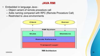 JAVA RMI
• Embedded in language Java:-
– Object variant of remote procedure call
– Adds naming compared with RPC (Remote Procedure Call)
– Restricted to Java environments
RMI Architecture
20
3/28/2024
 