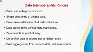38
Data Interoperability Policies
• Data is an enterprise resource.
• Single-point entry of unique data.
• Enterprise certification of all data definitions.
• Data stewardship defines data custodians.
• Zero defects at point of entry.
• De-conflict data at source, not at higher levels.
• Data aggregations from sources data, not from reports.
 