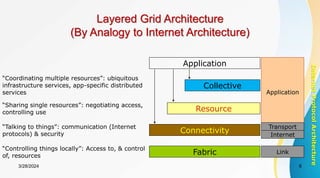 Layered Grid Architecture
(By Analogy to Internet Architecture)
Application
Fabric
“Controlling things locally”: Access to, & control
of, resources
Connectivity
“Talking to things”: communication (Internet
protocols) & security
Resource
“Sharing single resources”: negotiating access,
controlling use
Collective
“Coordinating multiple resources”: ubiquitous
infrastructure services, app-specific distributed
services Application
Link
Internet
Protocol
Architecture
Internet
Transport
3/28/2024 6
 