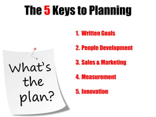 The 5 Keys to Planning
1. Written Goals
2. People Development
3. Sales & Marketing
4. Measurement
5. Innovation

 