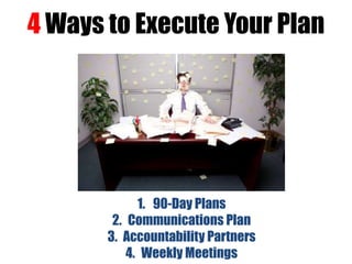 4 Ways to Execute Your Plan

1. 90-Day Plans
2. Communications Plan
3. Accountability Partners
4. Weekly Meetings

 