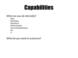 Capabilities
What can you do internally?
Sales
Marketing
Operations
Administration
Finance/Bookkeeping
HR
IT

What do you need to outsource?

 
