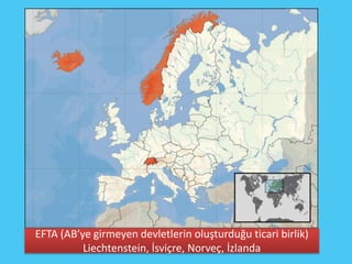 EFTA (AB’ye girmeyen devletlerin oluşturduğu ticari birlik)
          Liechtenstein, İsviçre, Norveç, İzlanda
 