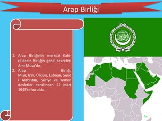 Arap Birliği




1. Arap Birliğinin merkezi Kahi-
   re'dedir. Birliğin genel sekreteri
   Amr Musa'dır.
2. Arap                       Birliği;
   Mısır, Irak, Ürdün, Lübnan, Suud
   i Arabistan, Suriye ve Yemen
   devletleri tarafından 22 Mart
   1945'te kuruldu.
 