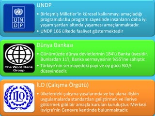 UNDP
• Birleşmiş Milletler'in küresel kalkınmayı amaçladığı
  programıdır.Bu program sayesinde insanların daha iyi
  yaşam şartları altında yaşaması amaçlanmaktadır.
• UNDP 166 ülkede faaliyet göstermektedir

Dünya Bankası
• Günümüzde dünya devletlerinin 184'ü Banka üyesidir.
  Bunlardan 11'i, Banka sermayesinin %55'ine sahiptir.
• Türkiye'nin sermayedeki payı ve oy gücü %0,5
  düzeyindedir.

İLO (Çalışma Örgütü)
• ülkelerdeki çalışma yasalarında ve bu alana ilişkin
  uygulamalarda standartları geliştirmek ve ileriye
  götürmek gibi bir amaçla kurulan kuruluştur. Merkezi
  İsviçre'nin Cenevre kentinde bulunmaktadır.
 