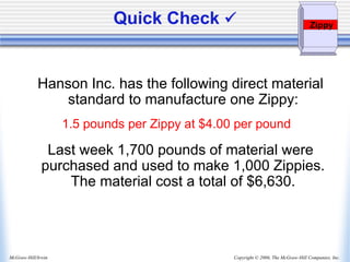Copyright © 2006, The McGraw-Hill Companies, Inc.
McGraw-Hill/Irwin
Hanson Inc. has the following direct material
standard to manufacture one Zippy:
1.5 pounds per Zippy at $4.00 per pound
Last week 1,700 pounds of material were
purchased and used to make 1,000 Zippies.
The material cost a total of $6,630.
Zippy
Quick Check 
 