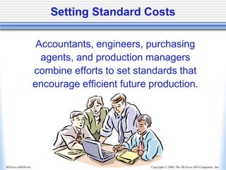 Copyright © 2006, The McGraw-Hill Companies, Inc.
McGraw-Hill/Irwin
Accountants, engineers, purchasing
agents, and production managers
combine efforts to set standards that
encourage efficient future production.
Setting Standard Costs
 
