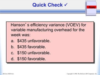 Copyright © 2006, The McGraw-Hill Companies, Inc.
McGraw-Hill/Irwin
Hanson’s efficiency variance (VOEV) for
variable manufacturing overhead for the
week was:
a. $435 unfavorable.
b. $435 favorable.
c. $150 unfavorable.
d. $150 favorable.
Quick Check  Zippy
 