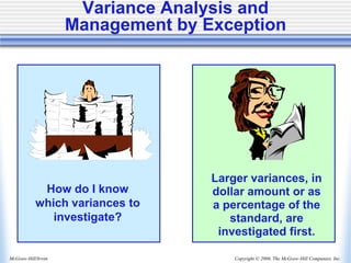 Copyright © 2006, The McGraw-Hill Companies, Inc.
McGraw-Hill/Irwin
Variance Analysis and
Management by Exception
How do I know
which variances to
investigate?
Larger variances, in
dollar amount or as
a percentage of the
standard, are
investigated first.
 