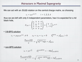 Attractors in Maximal Supergravity

We can act with an SU(8) rotation on the central charge matrix, so choosing
                         zi = ρi eiϕ/4          i = 1, 2, 3, 4
thus we are left with only 5 independent parameters, has it is expected for a 4d
black hole,                              
                                 ρ1   0    0    0
                               0          0    0
                        ZAB   =
                                      ρ2            ⊗ 0 1 eiϕ/4
                               0     0    ρ3   0     −1 0
                                 0    0    0    ρ4
• 1/8-BPS solution
       z1 = ρBP S eiϕ1 = 0        z2 = z3 = z4 = 0               I4 S = ρ4 S > 0
                                                                  BP
                                                                         BP

                        SBP S (Q)
                                  =        I4 S (Q) = ρ2 S
                                            BP
                                                       BP
                           π

• non-BPS solution
                               iπ
                       zi = ρ e 4         nonBP S
                                         I4       = −16ρ4
                                                        nonBP S


                  SnonBP S (Q)
                               =           non−BP S
                                         −I4        (Q) = 4ρ2
                                                            nonBP S
                       π                                                           11
 