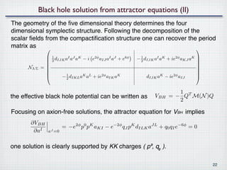 Black hole solution from attractor equations (II)
The geometry of the ﬁve dimensional theory determines the four
dimensional symplectic structure. Following the decomposition of the
scalar ﬁelds from the compactiﬁcation structure one can recover the period
matrix as                                                         
               1 dIJK aI aJ aK − i e2φ aIJ aI aJ + e6φ   − 1 dIJK aI aK + ie2φ aKJ aK 
              3                                            2                          
                                                                                      
      NΛ Σ   =
              
                                                                                       
                                                                                       
                                                                                      
                    − 1 dIKL aK aL + ie2φ aIK aK              dIJK aK − ie2φ aIJ      
                         2



                                                                            1 T
the effective black hole potential can be written as              VBH    = − Q M(N )Q
                                                                            2

Focusing on axion-free solutions, the attractor equation for VBH implies
       ∂VBH
                        = −e2φ p0 pK aKI − e−2φ qJ pK dILK aJL + q0 qI e−6φ = 0
        ∂aI     aJ =0


one solution is clearly supported by KK charges ( p⁰, q₀ ).

                                                                                           22
 