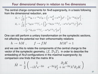 Four dimensional theory in relation to ﬁve dimensions
The central charge components for N=8 supergravity, in a basis following
from the dimensional reduction, are
              1                              d                 1 −3φ
        Z0 = √ e−3φ q0 + e−3φ aI qI + e−3φ + ie3φ p0 −            e     d I pI ,
               2                             6                 2
              1                      1 −φ
        Za = √ e−φ qI (a−1/2 )I a +    e dI (a−1/2 )I a − ieφ aJ (a1/2 )J a p0 +
               2                     2

                − e−φ dIJ (a−1/2 )I a − ieφ (a1/2 )J a pJ

One can still perform a unitary transformation on the symplectic sections,
not affecting the potential nor their orthonormality relations
     h → hM ,              f → fM                       MM† = 1
and we use this to relate the components of the central charge to the
vector of the symplectic geometry, (Z, DI Z), in order to describe the
                                         ¯
embedding of N=2 conﬁgurations in the maximal supergravity; by
comparison one ﬁnds that the matrix M is

        ˆ   1             1                         ∂J K
                                                      ¯
        M =
            2          −iλI e−2φ           e−2φ δJ + ie−2φ λI ∂J K
                                                 I
                                                 ¯             ¯
                                                                                   27
 