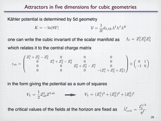 Attractors in ﬁve dimensions for cubic geometries

Kähler potential is determined by 5d geometry
                                                             1
                  K = − ln(8V)                            V = dIJK λI λJ λK
                                                             3!

one can write the cubic invariant of the scalar manifold as                   I3 = Z1 Z2 Z3
                                                                                    5 5 5


which relates it to the central charge matrix
                                                                            
              5
             Z1   +    5
                      Z2   −    5
                               Z3         0            0             0
                     0             Z1 + Z3 − Z2
                                     5     5   5
                                                       0             0                0 1
  eab   =
         
                                                                               ⊗
                                                                               
                      0                   0      Z2 + Z3 − Z1
                                                  5     5   5
                                                                     0                −1 0
                      0                   0            0      −(Z1 + Z2 + Z3 )
                                                                 5     5   5




in the form giving the potential as a sum of squares
                 1 5 5 ab
             V5 = Zab Z                               V5 = (Z1 )2 + (Z2 )2 + (Z3 )2
                                                             5        5        5
                 2
                                                                                        1/3
                                                                            ˆ          I3
the critical values of the ﬁelds at the horizon are ﬁxed as                 λIcrit =
                                                                                        qI
                                                                                              28
 