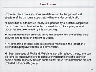 Conclusions


•Extremal black holes solutions are determined by the geometrical
structure of the particular supergravity theory under consideration.

•If a solution of a truncated theory is supported by a suitable symplectic
frame, it can be embedded in the maximal theory. Its supersymmetric
properties are determined by this embedding.

•Attractor mechanism precisely takes into account this embedding, thus
allowing one to recover different solutions.

•The branching of ﬁelds representations is manifest in the reduction of
extended supergravity from 5 to 4 dimensions.

•In both the cases of N=2 and N=8 dimensionally reduced thoery, one can
go from the supersymmetric to non supersymmetric branche acting on
charge conﬁguration by ﬂipping some signs; these transformations are not
included in the duality group.

                                                                             35
 