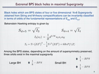 Extremal BPS black holes in maximal Supergravity

Black holes which are BPS states of four or ﬁve dimensional N=8 Supergravity
obtained from String and M-theory compactiﬁcations can be invariantly classiﬁed
in terms of orbits of the fundamental representations of E₆₍₆₎ and E₇₍₇₎.

Bekenstein Hawking entropy is given by

            Sd=5 =          I3                     Sd=4 =       I4
                                    1 IJK
                          I3 (sI ) = d    sI sJ sK
                                    3!
                                † 2    1 2
                  I4 = T r ZZ         − T r ZZ † + 8ReP f (Z)
                                       4

Among the BPS states, depending on the amount of supersymmetry preserved,
three orbits exist in the maximal supegravity
                                                              1
                                                                − BP S
                           1                                  4
     Large BH                − BP S           Small BH
                           8                                  1
                                                                − BP S
                                                              2
                                                                                  9
 